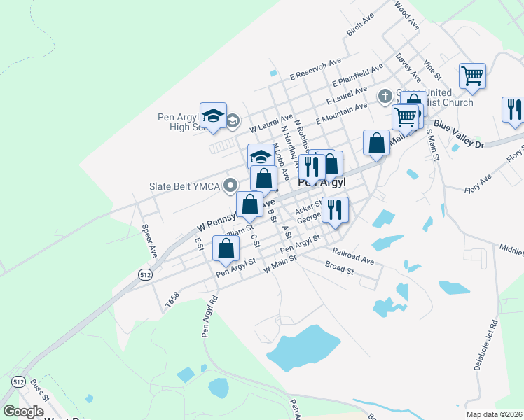 map of restaurants, bars, coffee shops, grocery stores, and more near 12 B Street in Pen Argyl