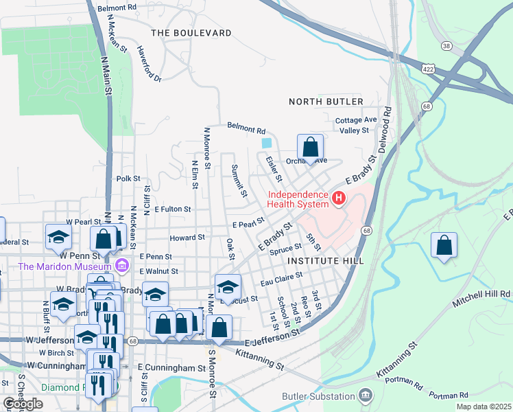 map of restaurants, bars, coffee shops, grocery stores, and more near 555 2nd Street in Butler