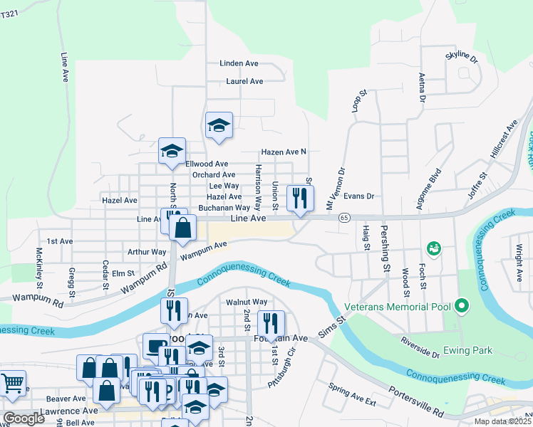 map of restaurants, bars, coffee shops, grocery stores, and more near 212 Line Avenue in Ellwood City
