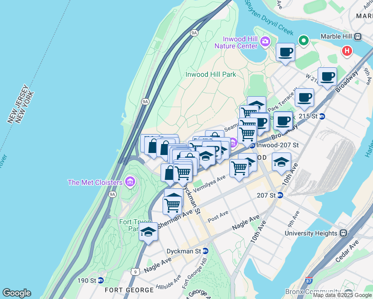 map of restaurants, bars, coffee shops, grocery stores, and more near 34 Seaman Avenue in New York
