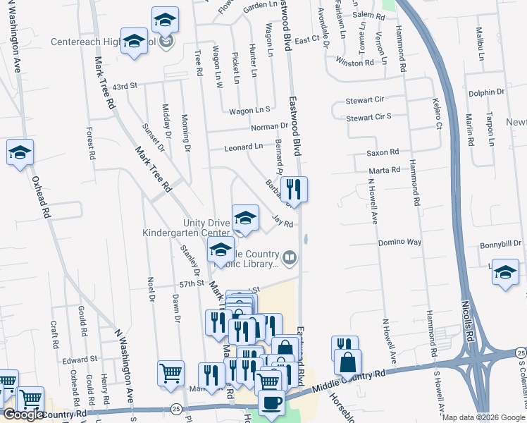 map of restaurants, bars, coffee shops, grocery stores, and more near 27 Jay Road in Centereach