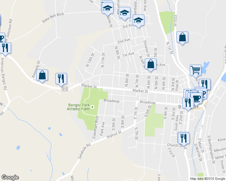 map of restaurants, bars, coffee shops, grocery stores, and more near 854 Market Street in Bangor