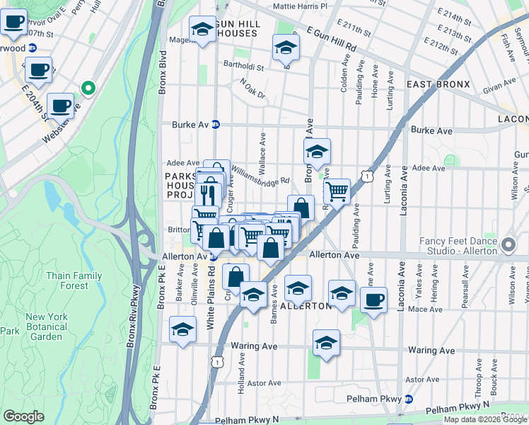 map of restaurants, bars, coffee shops, grocery stores, and more near 2755 Wallace Avenue in Bronx