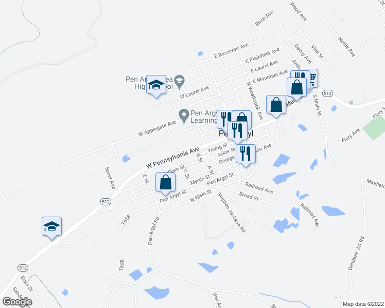 map of restaurants, bars, coffee shops, grocery stores, and more near 410 West Pennsylvania Avenue in Pen Argyl