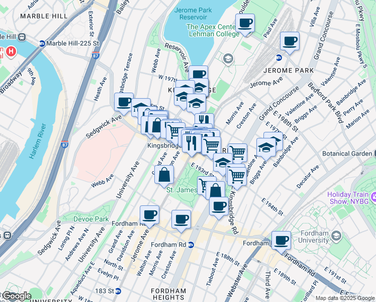 map of restaurants, bars, coffee shops, grocery stores, and more near 6 West Kingsbridge Road in The Bronx