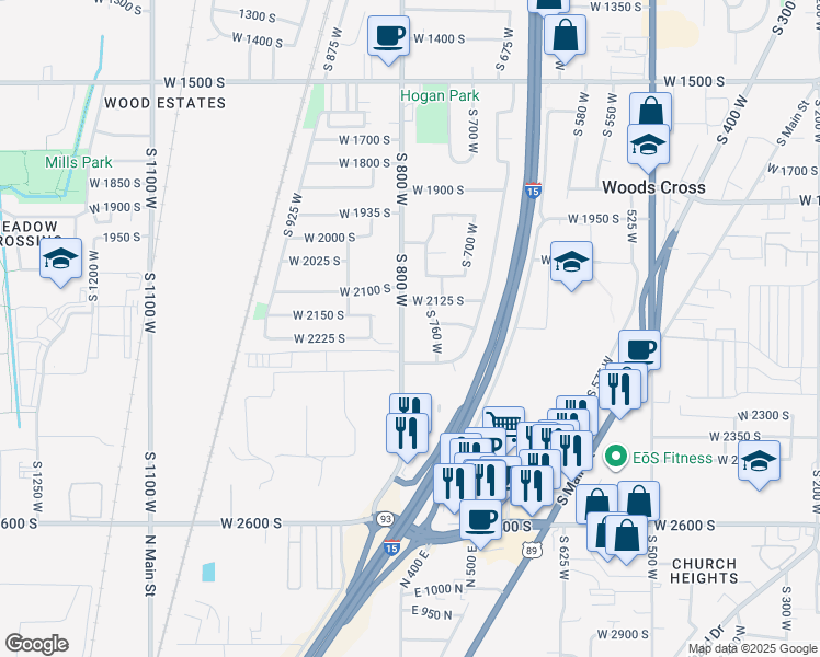 map of restaurants, bars, coffee shops, grocery stores, and more near 2181 South 800 West in Woods Cross