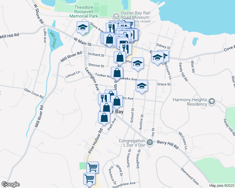 map of restaurants, bars, coffee shops, grocery stores, and more near 255 South Street in Oyster Bay
