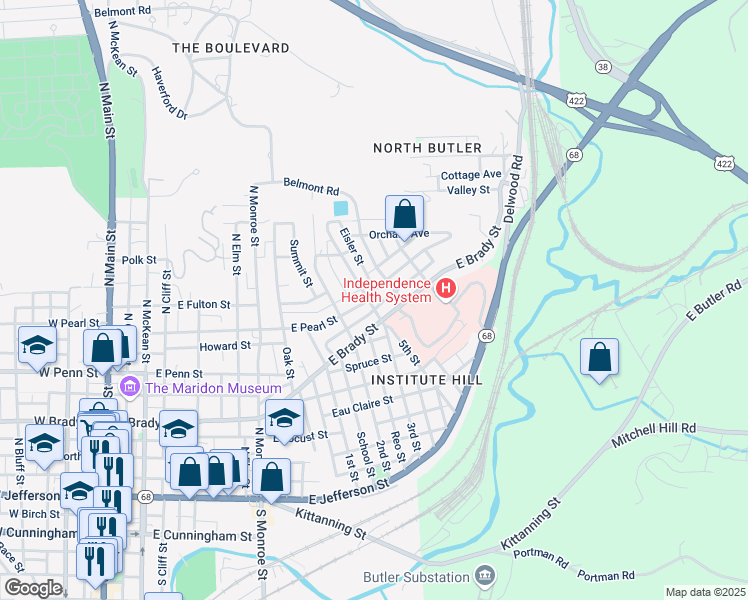 map of restaurants, bars, coffee shops, grocery stores, and more near 701 East Pearl Street in Butler