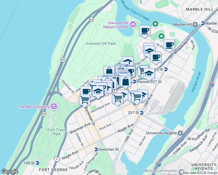 map of restaurants, bars, coffee shops, grocery stores, and more near 672 West 204th Street in New York
