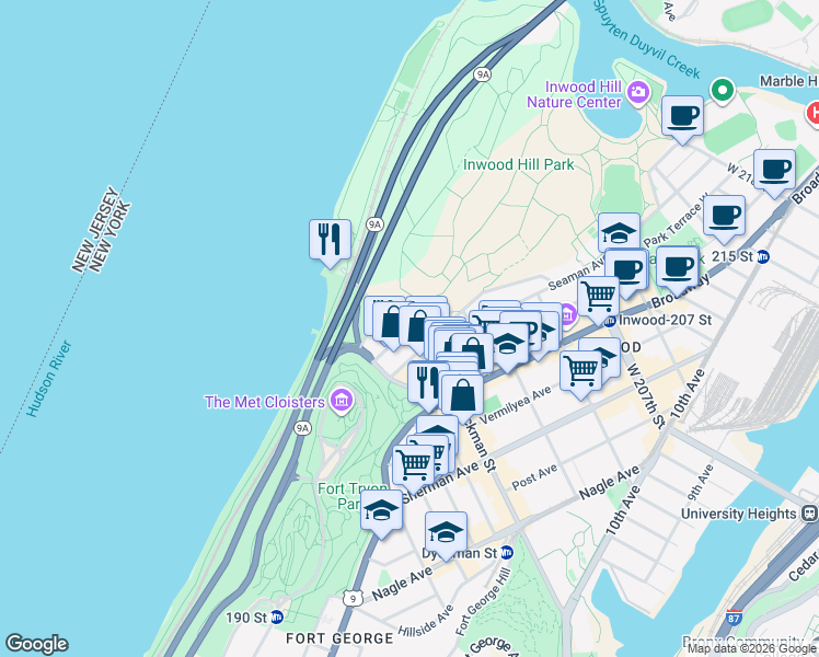 map of restaurants, bars, coffee shops, grocery stores, and more near 269 Dyckman Street in New York