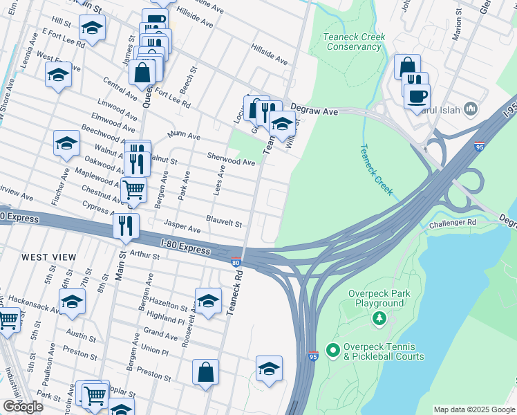 map of restaurants, bars, coffee shops, grocery stores, and more near 121 Teaneck Road in Teaneck