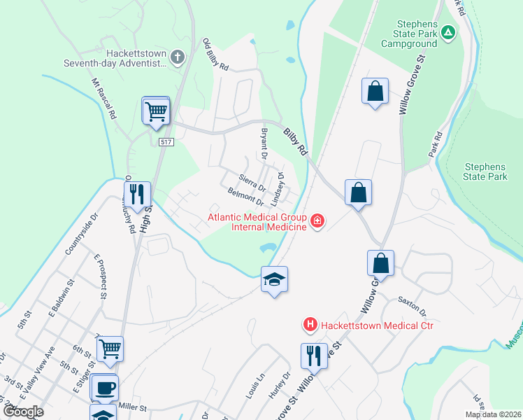 map of restaurants, bars, coffee shops, grocery stores, and more near 6303 Belmont Drive in Hackettstown