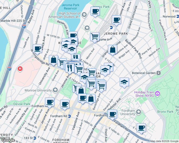 map of restaurants, bars, coffee shops, grocery stores, and more near 2701 Grand Concourse in Bronx
