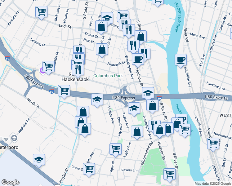 map of restaurants, bars, coffee shops, grocery stores, and more near 310 Taylor Avenue in Hackensack
