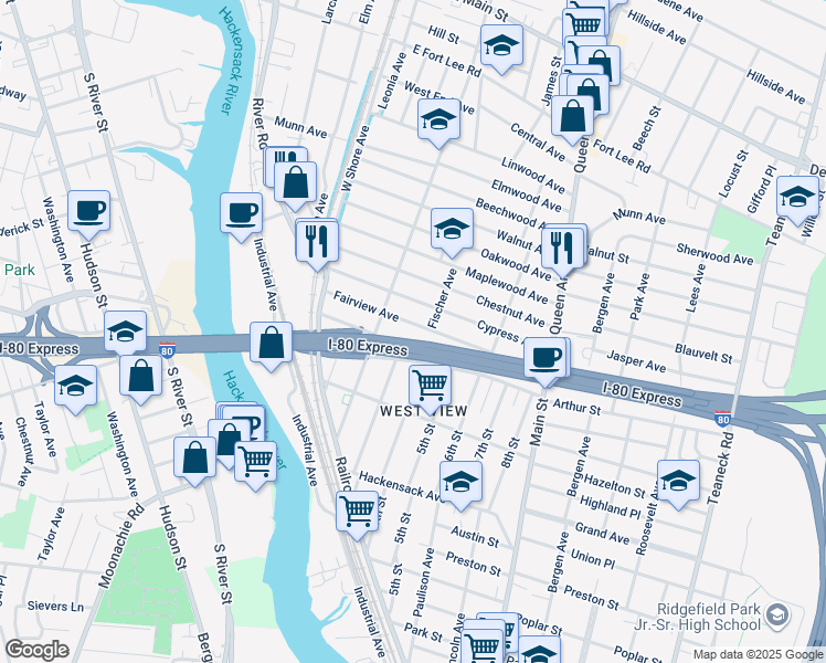 map of restaurants, bars, coffee shops, grocery stores, and more near 132 Fairview Ave in Bogota