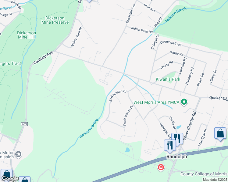 map of restaurants, bars, coffee shops, grocery stores, and more near 15 Bedminster Road in Randolph
