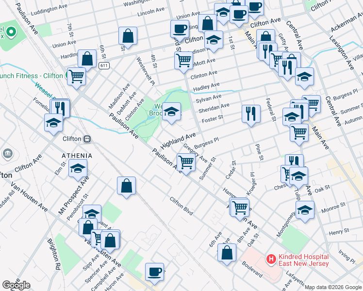 map of restaurants, bars, coffee shops, grocery stores, and more near 663 Gregory Avenue in Clifton