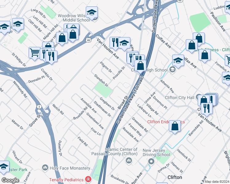 map of restaurants, bars, coffee shops, grocery stores, and more near 21 Mayflower Street in Clifton