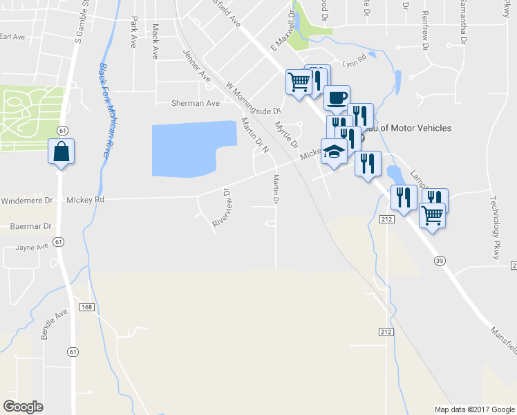 map of restaurants, bars, coffee shops, grocery stores, and more near 3 Pinewood Drive in Shelby