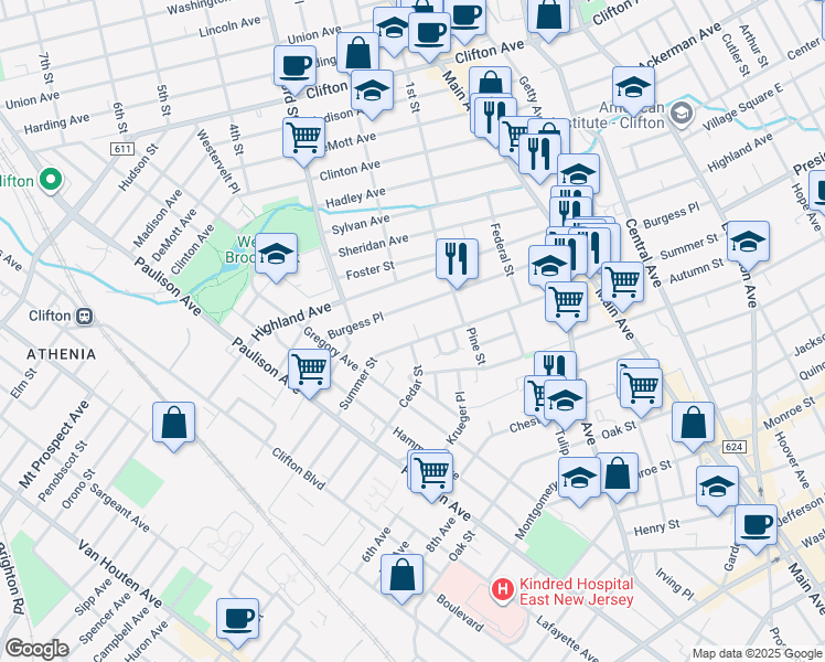 map of restaurants, bars, coffee shops, grocery stores, and more near 288 Summer Street in Passaic