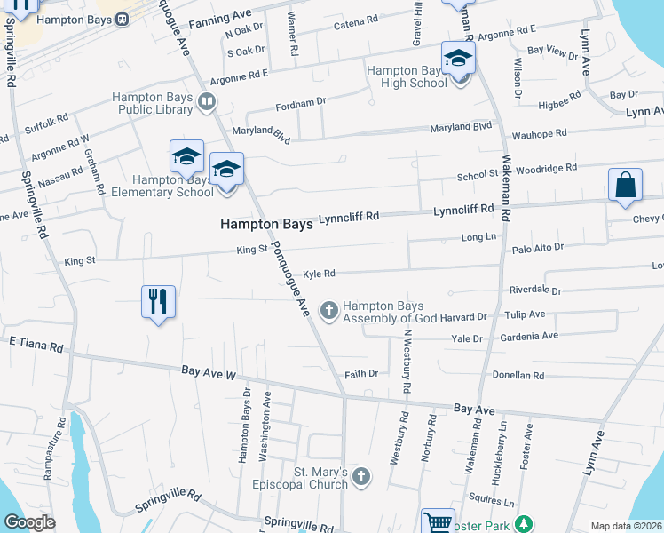 map of restaurants, bars, coffee shops, grocery stores, and more near 11 Kyle Road in Hampton Bays