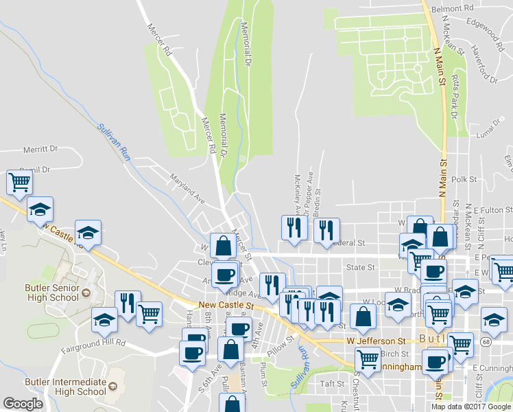 map of restaurants, bars, coffee shops, grocery stores, and more near 501 Miller Avenue in Butler