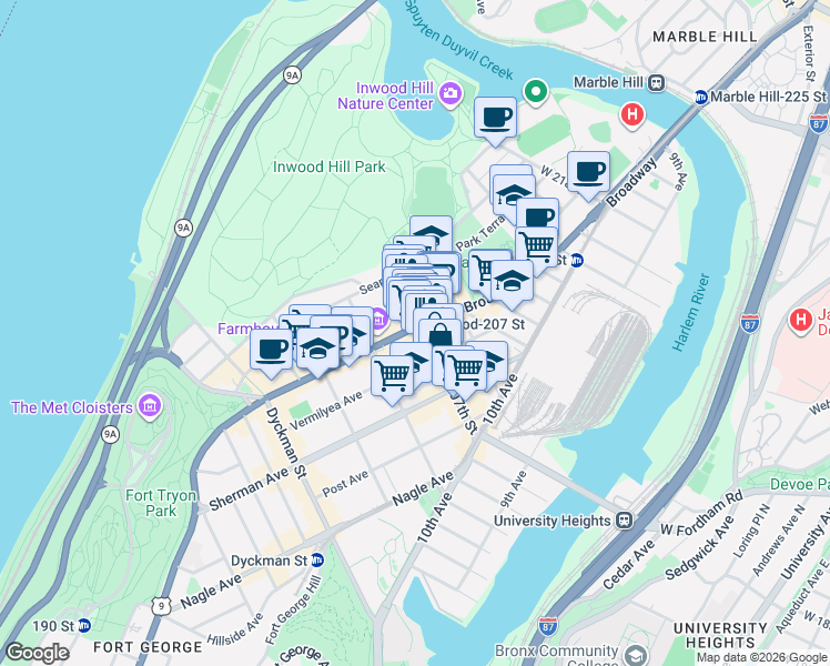 map of restaurants, bars, coffee shops, grocery stores, and more near 4930a Broadway in New York