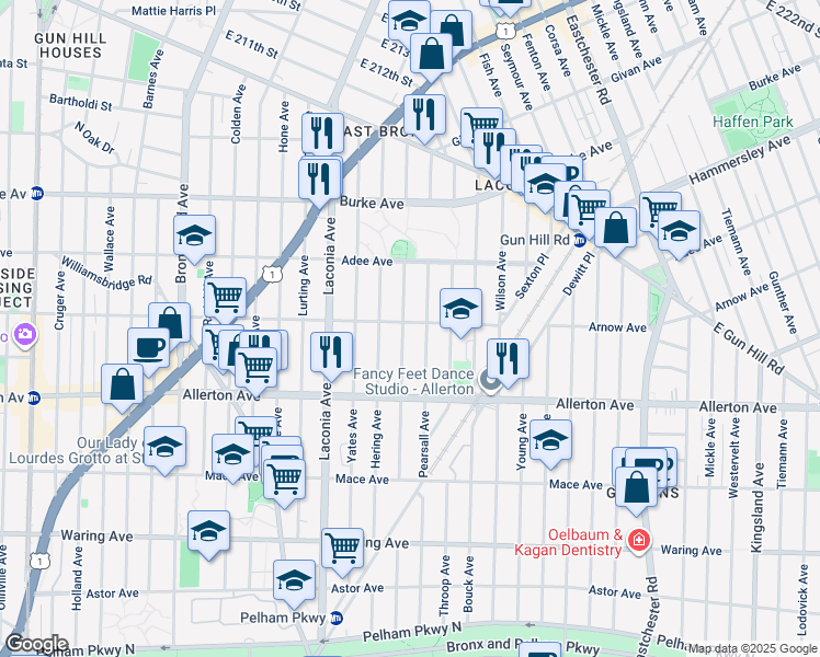 map of restaurants, bars, coffee shops, grocery stores, and more near 2766 Tenbroeck Avenue in Bronx