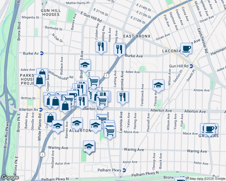 map of restaurants, bars, coffee shops, grocery stores, and more near 1066 Arnow Avenue in The Bronx