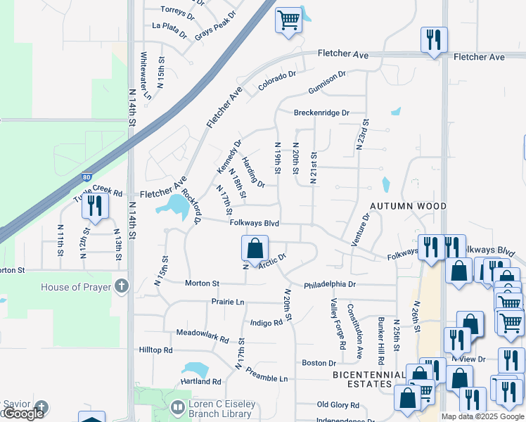 map of restaurants, bars, coffee shops, grocery stores, and more near 1833 Spring Meadow Drive in Lincoln