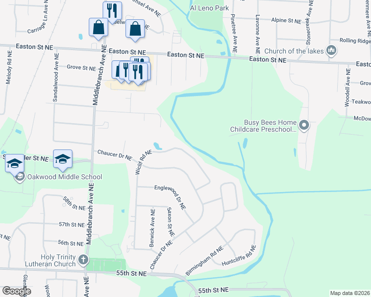map of restaurants, bars, coffee shops, grocery stores, and more near 6103 Wiclif Road Northeast in Canton