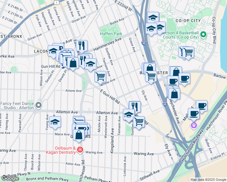 map of restaurants, bars, coffee shops, grocery stores, and more near 2823 Tiemann Avenue in The Bronx