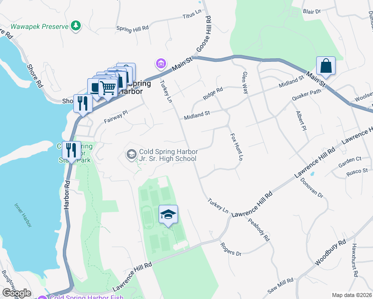 map of restaurants, bars, coffee shops, grocery stores, and more near 78 Turkey Lane in Cold Spring Harbor