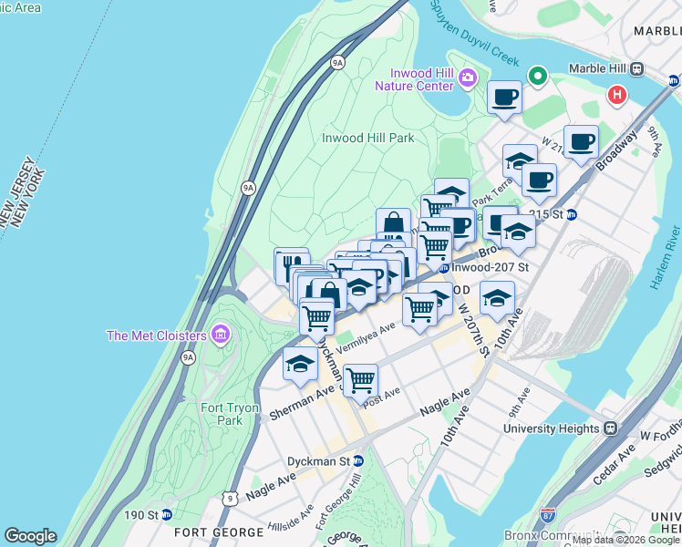 map of restaurants, bars, coffee shops, grocery stores, and more near 49 Seaman Avenue in New York
