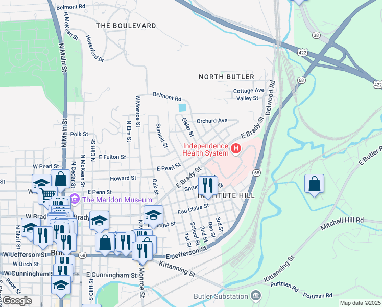 map of restaurants, bars, coffee shops, grocery stores, and more near 701 East Pearl Street in Butler