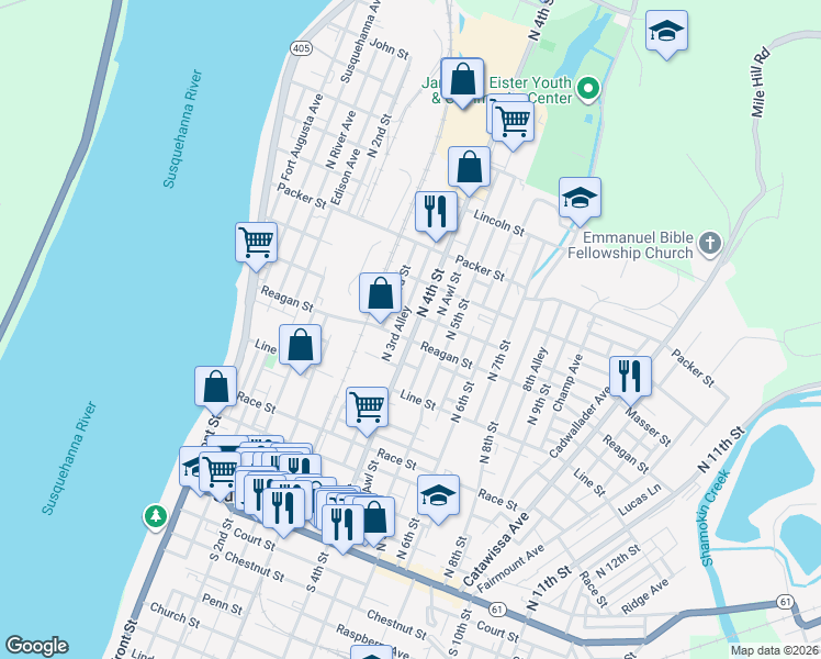 map of restaurants, bars, coffee shops, grocery stores, and more near 511 North 4th Street in Sunbury