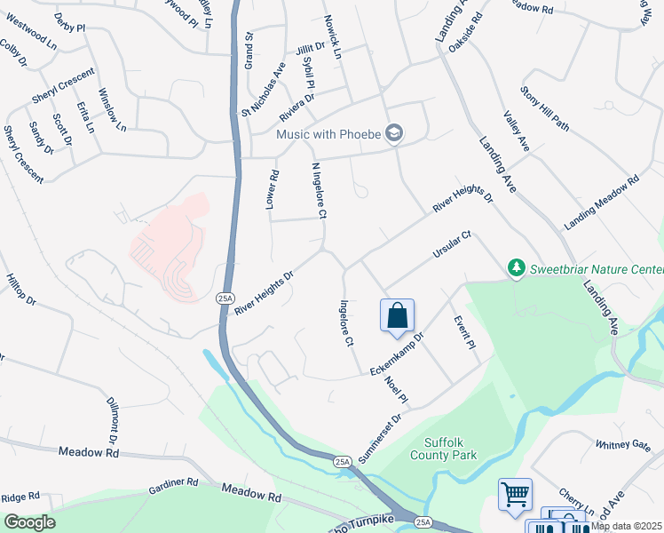 map of restaurants, bars, coffee shops, grocery stores, and more near 40 River Heights Drive in Smithtown