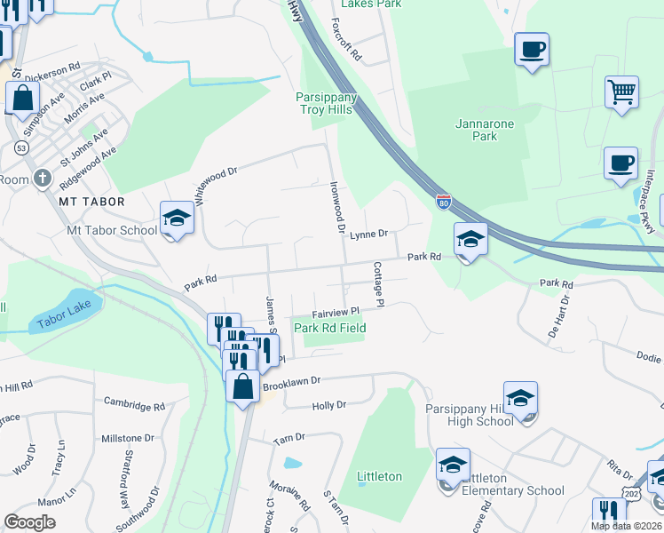 map of restaurants, bars, coffee shops, grocery stores, and more near 659 Park Road in Morris Plains