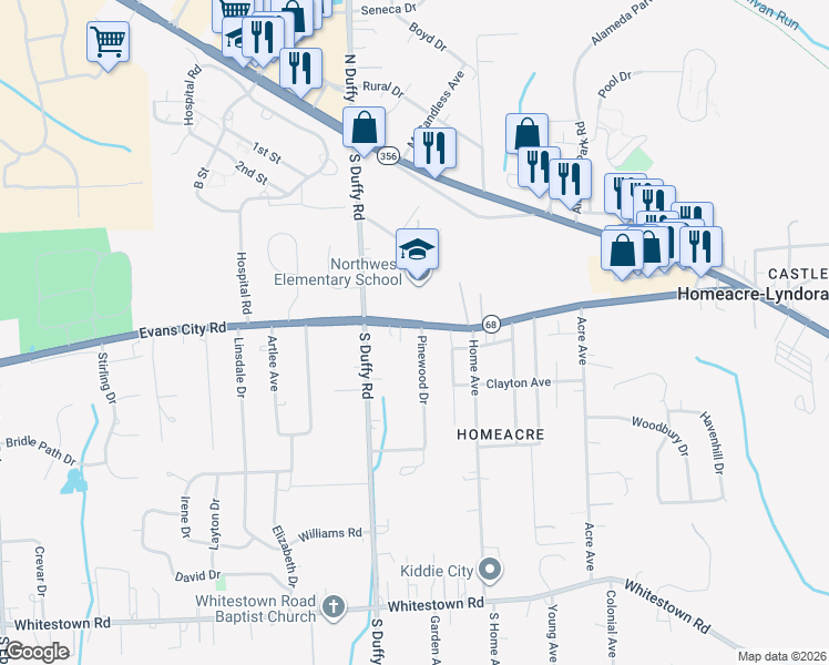 map of restaurants, bars, coffee shops, grocery stores, and more near 275 Evans City Road in Butler