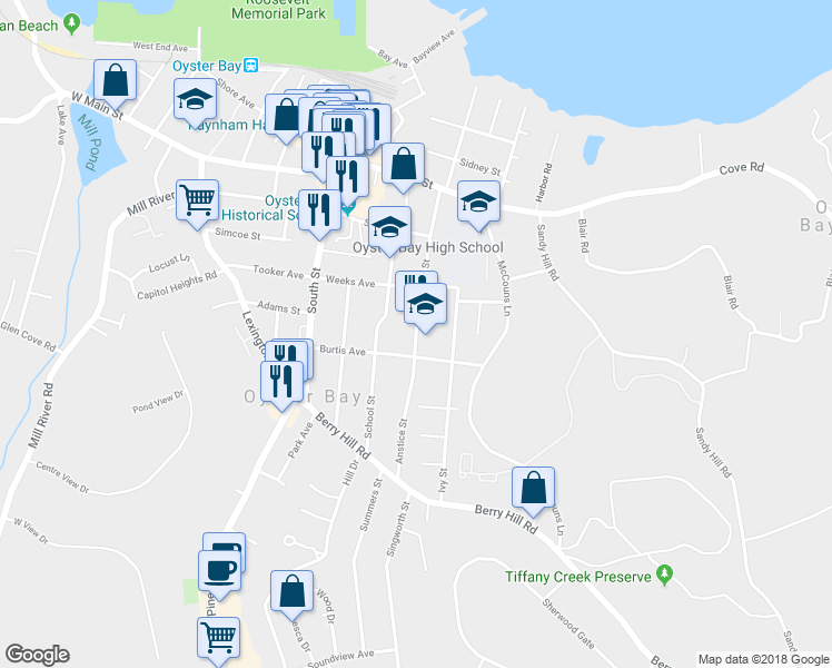 map of restaurants, bars, coffee shops, grocery stores, and more near 120 Anstice Street in Oyster Bay