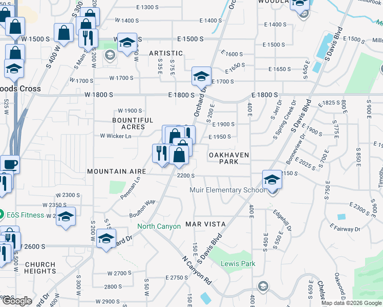 map of restaurants, bars, coffee shops, grocery stores, and more near 188 East 2050 South in Bountiful