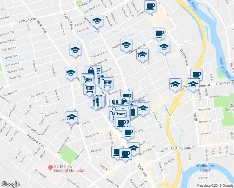 map of restaurants, bars, coffee shops, grocery stores, and more near 155 Sherman Street in Passaic