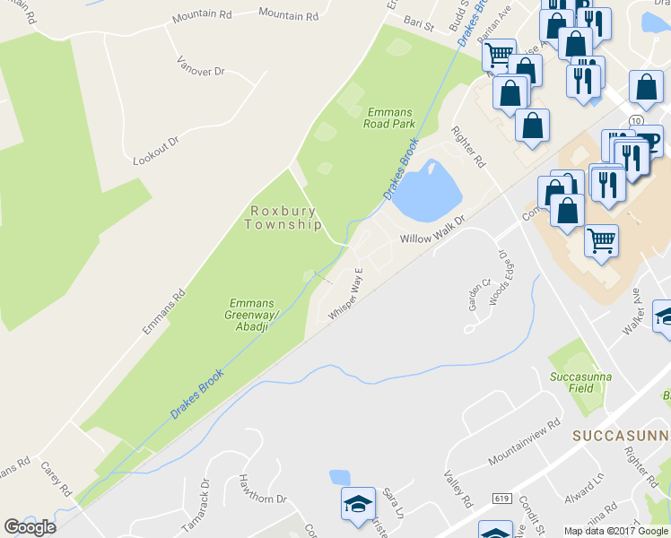 map of restaurants, bars, coffee shops, grocery stores, and more near 46 Whisper Way East in Roxbury Township