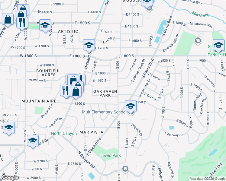 map of restaurants, bars, coffee shops, grocery stores, and more near 2053 South 350 East in Bountiful
