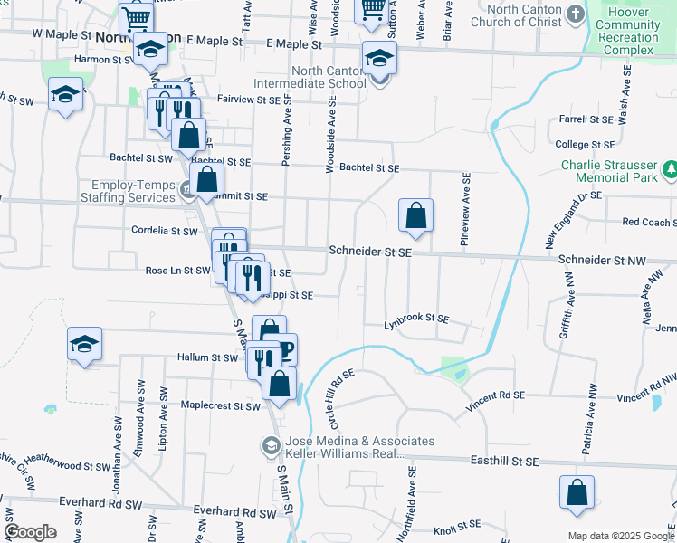 map of restaurants, bars, coffee shops, grocery stores, and more near 1125 Willoway Avenue Southeast in North Canton
