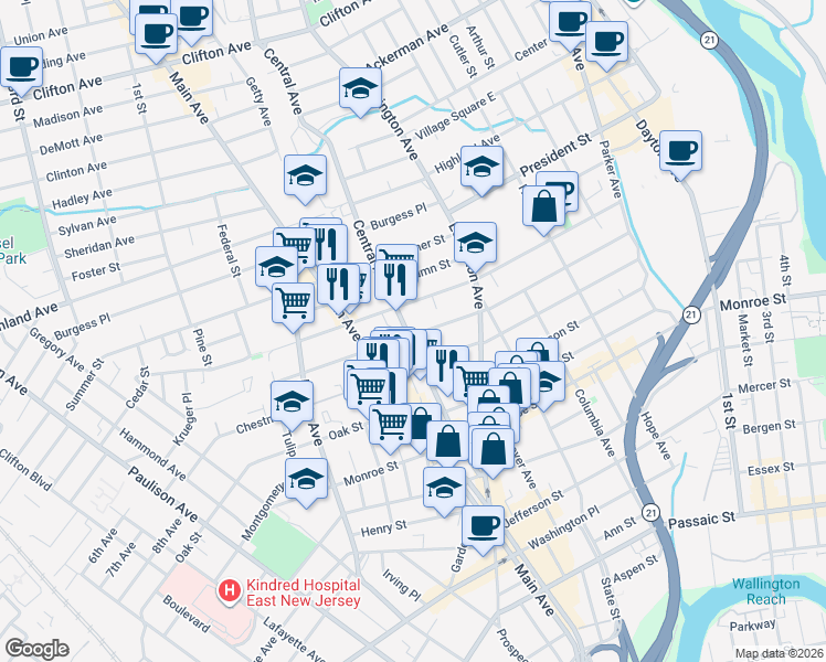 map of restaurants, bars, coffee shops, grocery stores, and more near 124 Central Avenue in Passaic