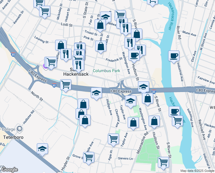 map of restaurants, bars, coffee shops, grocery stores, and more near 323 Chestnut Avenue in South Hackensack