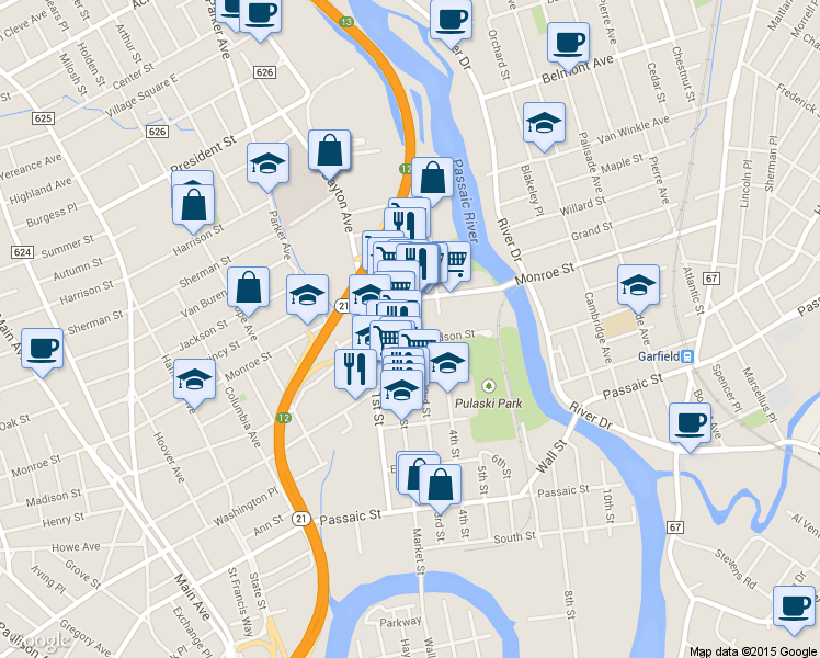 map of restaurants, bars, coffee shops, grocery stores, and more near 167 3rd St in Passaic