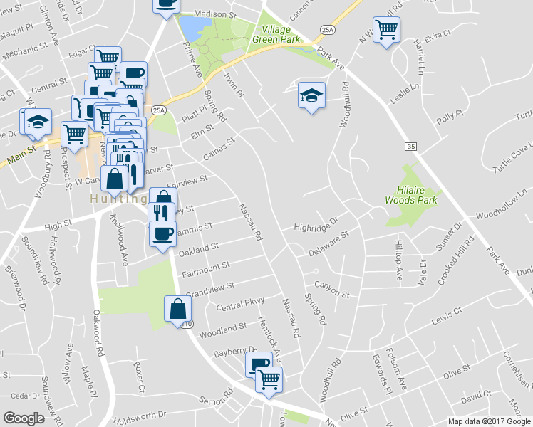 map of restaurants, bars, coffee shops, grocery stores, and more near 189 Spring Road in Huntington