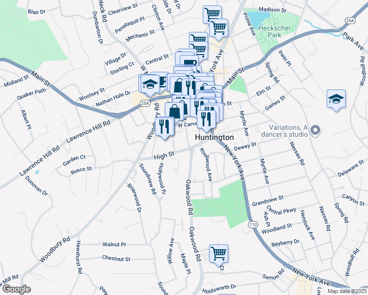 map of restaurants, bars, coffee shops, grocery stores, and more near 91 Green Street in Huntington